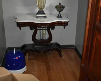 Gorgeous Vintage  Marble Topped Scalloped Edge Console/Entry Table with Beautifully Designed Lyre Base. This is part of a set of 5 Lyre Based Marble Top Tables. Set includes 2 Oval Lamp Tables, 1 Rectangular Night Stand and 1 Oval Coffee Table. 