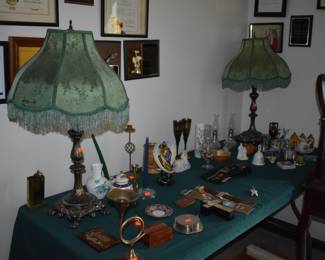 A Fine pair of Brocade Scalloped Dome matching Lamps complete with Ornate matching and Footed Bases plus a Table full of Collectibles!