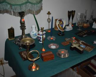 A Fine pair of Brocade Scalloped Dome matching Lamps complete with Ornate matching and Footed Bases plus a Table full of Collectibles!