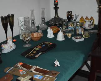 A Fine pair of Brocade Scalloped Dome matching Lamps complete with Ornate matching and Footed Bases plus a Table full of Collectibles!