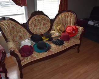 Again, Absolutely Gorgeous Kimball Style Victorian "Cameo" Back  Brocaded Sofa in wonderful condition! and Adorned with just of few of the marvelous hats in this Estate