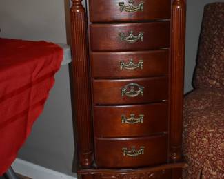 Beautiful Jewelry Chest with Corinthian Columned Sides, 6 Drawers, Raising Top with Storage, Side Cabinets and Queen Anne Legs
