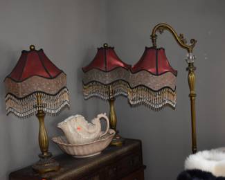 Rare to find a Beautiful Matching Set  of 3 lovely Scalloped Dome Lamp shades Brocaded Sides complemented with Fancy Beaded Fringe  not to mention the matching Bases for the Table Lamps, but also inclusive of a matching base Victorian Style Piano Floor Lamp and Awesome Trio for any Home Decor of Style!