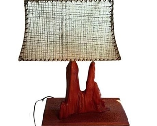 Lot 049
MCM Cypress Knee Root Table Lamp with Woven Edge Detail Shade
