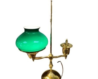 Lot 056
Vintage Brass Single Arm Green Glass Shade Student Desk Lamp
