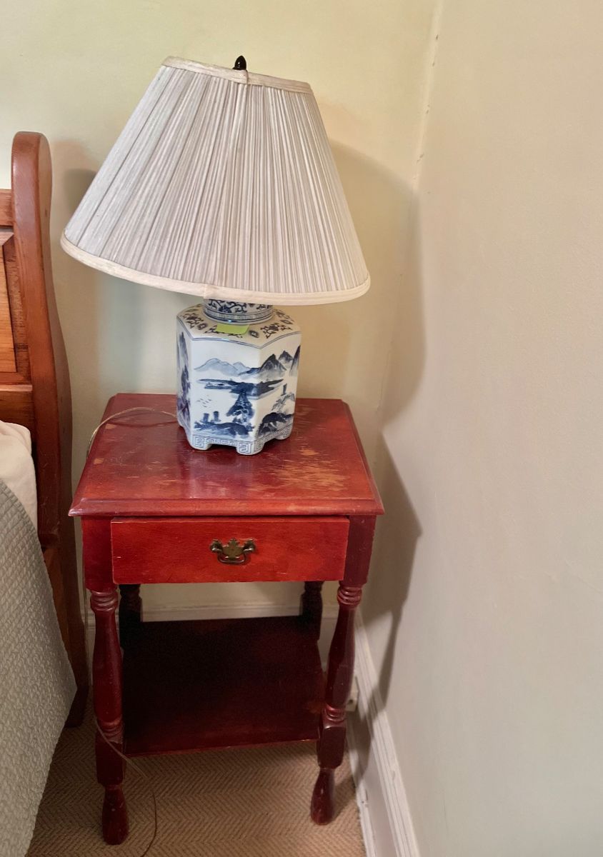 Blue and white lamp and side table 