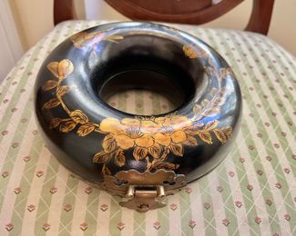 Tubular shaped lacquer box bird and floral design 