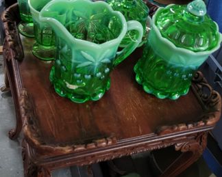 Cherry green  opalescent  glass cracker jar, water pitcher, Lidded butter dish and  3 water glasses