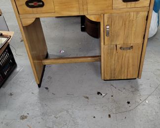 Rare antique Barbershop sliding top cabinet with original glass advertising plates