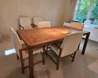 Burled Dining room table with 2 leaves and 6 chairs, excellent!!