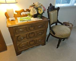 Walnut dresser, antique chair