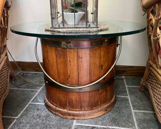 Barrel with glass top side table