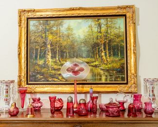 Fenton crystal (Cranberry), Stuart Ableman jack-in-the-pulpit iridescent vase