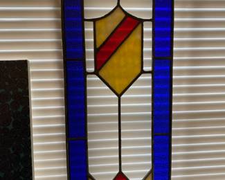 Blue, Yellow, Red & Clear Stained Glass Panel with Shield Design