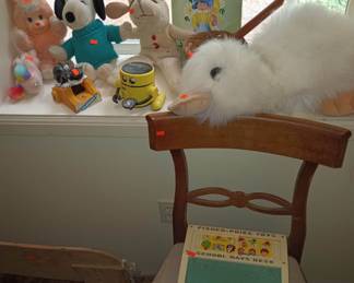 1972 Fisher Price Toys School Days Desk, Ganz Webkinz - Plush White Duck, Lamb Chop Puppet, Belle Plush Toy, 1990 Mattel Magic Nursery Pet "Peach" Bunny, 1980s Radio Shack Robie Banker Robot Bank, 1980s Wind-Up Cat Bank 
