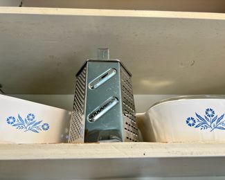 2 Corning Ware - Blue Cornflower Casserole Dishes, Stainless Steel Grater