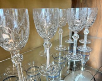Set of 9 Etched Crystal Wine Glasses