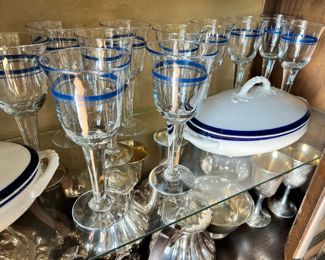 Set of 12 Holmegaard Blue Bell Wine Glasses, Porcelain Blue & White Oval Tureen, Covered Dish