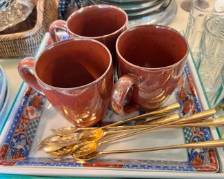 Set of 3 Red Ceramic Coffee Mugs, 5 Aluminum (Gold Tone) Iced Tea Stirring Spoons