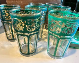 Set of 7 Green and Gold Moroccan Tea Glasses - Moorish Design