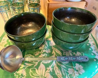 Set of 5 Green Pottery Rice Bowls