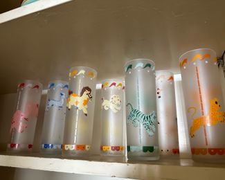 Set of 7 1960s Libbey Merry Go Round Frosted Glasses