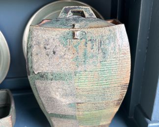 Brown/Green Square Pottery Lidded Jar