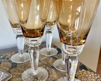 Set of 7 Hand Blown Amber & Clear Cocktail/Wine Glasses 