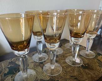 Set of 7 Hand Blown Amber & Clear Cocktail/Wine Glasses 