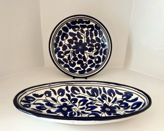 Blue/White Floral Design Ceramic Plate & Platter - Made in Nabeul, Tunisia