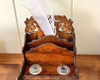 Carved Oak Letter Rack with Ink Wells