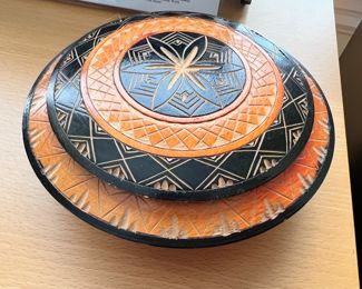  Hand Carved Black and Orange Round Box with Lid - Made in Albania