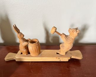 Folk Art Toy - Hand Carved Wood Moveable Bear & Rabbit