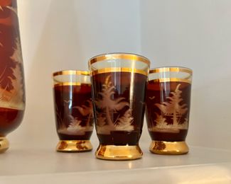Czech Amber/Clear Decanter & 6 Glasses - Stag Tree Design