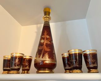 Czech Amber/Clear Decanter & 6 Glasses - Stag Tree Design