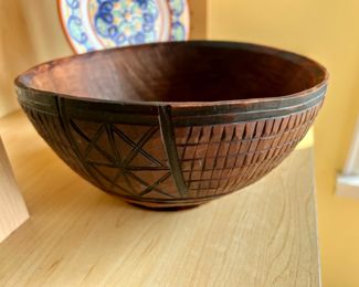 African Wood Carved Serving Bowl