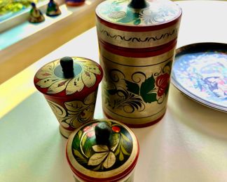 Russian Folk Art - Handpainted Lacquer Wood Canisters