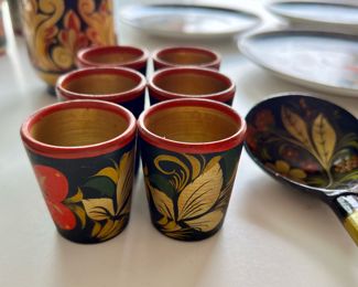 Russian Folk Art - Handpainted Lacquer Wood -  Set of 6 Shot Glasses