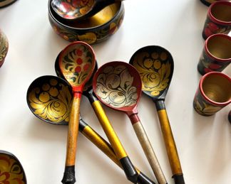 Russian Folk Art - Handpainted Lacquer Wood Assortment Serving Spoons