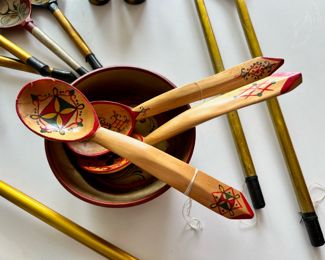 Russian Folk Art - Handpainted Lacquer Wood Bowl and Assortment Serving Spoons