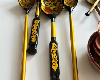 Russian Folk Art - Handpainted Lacquer Wood Assortment Serving Spoons
