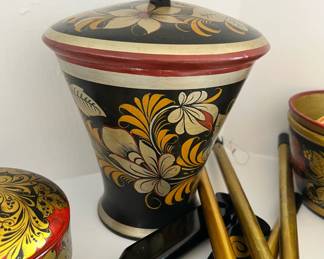 Russian Folk Art - Handpainted Lacquer Wood Canister & Spoons