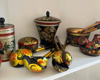 Russian Folk Art -Assortment Handpainted Lacquer Wood Utensils, Bowl and Canisters