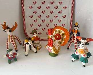 Russian Dymkovo Folk Art Pottery Clay Toys - 3 People, Peacock, Goat, Cow and Deer
