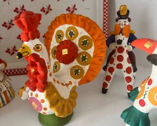 Russian Dymkovo Folk Art Pottery Clay Toys - 3 People, Peacock, Goat, Cow and Deer