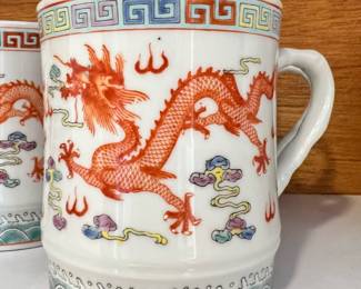 Chinese Ceramic Dragon Design - 3 Mugs, 6 Plates, 1 Miso Soup Bowl, 7 Dipping Bowls, 6 Rice Bowls, 1 Soup Bowl, 2 Soup Spoons