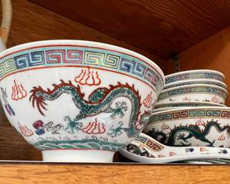 Chinese Ceramic Dragon Design - 3 Mugs, 6 Plates, 1 Miso Soup Bowl, 7 Dipping Bowls, 6 Rice Bowls, 1 Soup Bowl, 2 Soup Spoons