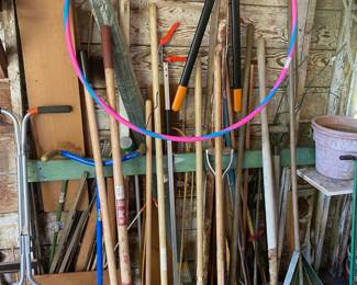Assortment of Garden Tools - Rakes, Shovels