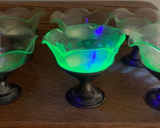Set of 6 Green Depression Glass and Sterling Desert Cups.