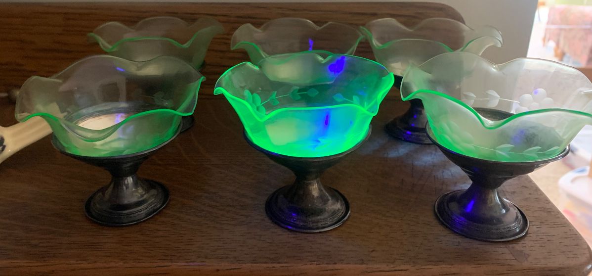 Set of 6 Green Depression Glass and Sterling Desert Cups. 
